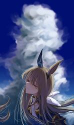 Rule 34 | 1girl, 1other, absurdres, admire vega (umamusume), animal ears, blue shirt, bow, breasts, brown hair, cleavage cutout, closed eyes, closed mouth, clothing cutout, cloud, cloudy sky, collared shirt, ear covers, eyebrows hidden by hair, hair between eyes, hair bow, highres, horse ears, horse girl, long hair, long sleeves, low ponytail, murderdoll1641, necktie, ponytail, shirt, single ear cover, sky, solo focus, umamusume, white bow, white necktie