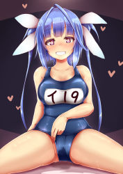 Rule 34 | 1girl, blue hair, blue one-piece swimsuit, breasts, flower-shaped pupils, hair ribbon, heart, highres, i-19 (kancolle), kantai collection, large breasts, long hair, name tag, one-piece swimsuit, red eyes, ribbon, school swimsuit, sitting, solo, spread legs, swimsuit, symbol-shaped pupils, tri tails, unomi