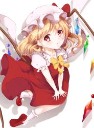 Rule 34 | 1girl, arm support, bad id, bad pixiv id, blonde hair, blush, colored eyelashes, crystal, flandre scarlet, hair between eyes, hat, hat ribbon, highres, lips, looking at viewer, mob cap, mumu-crown, pouty lips, puffy short sleeves, puffy sleeves, red eyes, red ribbon, red skirt, red vest, ribbon, shirt, short sleeves, side ponytail, skirt, solo, touhou, vest, white shirt, wings