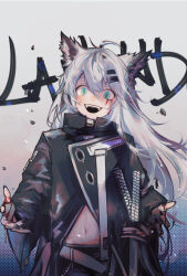 Rule 34 | 1girl, :d, absurdres, animal ears, arknights, artist name, black coat, black shorts, blood, blood on hands, blue eyes, character name, coat, grey hair, hair ornament, hairclip, highres, lappland (arknights), long hair, looking at viewer, mido (mido chen), navel, open mouth, scar, scar across eye, shorts, smile, solo, sword, teeth, upper body, upper teeth only, weapon, white background