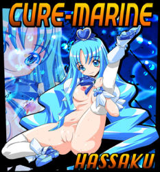 Rule 34 | 10s, 1girl, blue background, blue eyes, blue hair, blush, boots, bow, breasts, bubble, cleft of venus, cure marine, hassaku (rapidangel), heart, heartcatch precure!, kurumi erika, large breasts, leg lift, long hair, looking at viewer, lowres, navel, nipples, nude, precure, pussy, sitting, smile, sweat, thighhighs, tongue, tongue out, water, white footwear, white thighhighs, wrist cuffs