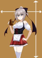 Rule 34 | 1girl, abimaru gup, absurdres, alternate hairstyle, apron, arrow (symbol), beer mug, black ribbon, blue eyes, brown background, closed mouth, commentary request, cowboy shot, cup, dirndl, frilled skirt, frilled sleeves, frills, german clothes, girls und panzer, hair ribbon, hair up, hand on own hip, highres, holding, holding cup, itsumi erika, looking at viewer, miniskirt, mug, off-shoulder shirt, off shoulder, red skirt, ribbon, shirt, short hair, short ponytail, short sleeves, silver hair, single horizontal stripe, skirt, smile, solo, standing, thighhighs, underbust, waist apron, white apron, white shirt, white thighhighs