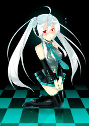 Rule 34 | 1girl, ahoge, bare shoulders, blush, boots, breasts, caffein, clothes pull, cosplay, covering privates, detached sleeves, embarrassed, female focus, full body, hatsune miku, hatsune miku (cosplay), headphones, high heels, kneeling, long hair, navel, necktie, red eyes, shoes, skirt, skirt pull, skirt tug, solo, sweatdrop, thigh boots, thighhighs, twintails, very long hair, vocaloid, white hair, yowane haku