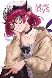 Rule 34 | 1girl, beret, black-framed eyewear, black choker, black pantyhose, blue eyes, character name, choker, dress, glasses, gold necklace, guyrys, hat, head rest, highres, hololive, hololive english, irys (casualrys) (hololive), irys (hololive), jewelry, lace-trimmed choker, lace trim, medium hair, nail polish, necklace, official alternate costume, one eye closed, pantyhose, pointy ears, red nails, reze (rewindze), short dress, smile, virtual youtuber, watch, white dress, white hat, wings, wristwatch
