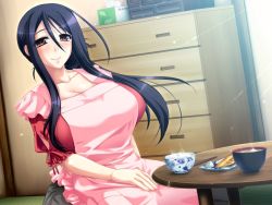 Rule 34 | 1girl, amae haha nozomi, apron, blue hair, blush, bowl, breasts, brown eyes, chopsticks, cleavage, food, game cg, housewife, huge breasts, indoors, komo da, light, long hair, looking at viewer, mature female, rice, sitting, smile, solo, table
