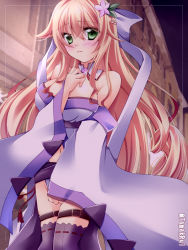 Rule 34 | 1girl, artist name, bare shoulders, blonde hair, blush, braid, breasts, clothing cutout, detached collar, female focus, flower, flower knight girl, french braid, green eyes, hair flower, hair ornament, hair ribbon, hand up, jasmine (flower knight girl), large breasts, long hair, looking at viewer, navel, navel cutout, outdoors, pink flower, purple thighhighs, ribbon, ribbon-trimmed legwear, ribbon trim, solo, standing, tamak rui, thigh strap, thighhighs, twitter username, white ribbon