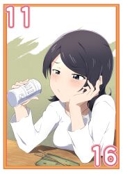 Rule 34 | 1girl, absurdres, beer can, black hair, blush, breasts, can, closed mouth, collarbone, commentary request, dated, drink can, elbows on table, empty plate, grey eyes, half-closed eyes, hand on own cheek, hand on own face, head rest, highres, holding, holding can, large breasts, looking at object, love live!, love live! nijigasaki high school idol club, medium hair, november, plate, pout, shirt, sitting, skewer, solo, sulking, swept bangs, table, white shirt, yuki setsuna&#039;s mother, zasshoku ojisan