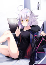 Rule 34 | 1girl, ahoge, bikini, black bikini, black dress, blush, breasts, closed mouth, collarbone, commentary request, dress, fate/grand order, fate (series), fingernails, fur-trimmed jacket, fur-trimmed sleeves, fur trim, hair between eyes, highres, holding, jacket, jeanne d&#039;arc (fate), jeanne d&#039;arc alter (fate), jeanne d&#039;arc alter (ver. shinjuku 1999) (fate), long sleeves, looking away, o-ring, o-ring bikini, o-ring bottom, o-ring top, official alternate costume, open clothes, open jacket, pillow, purple jacket, shrug (clothing), silver hair, sitting, small breasts, solo, soupchan, swimsuit, wicked dragon witch ver. shinjuku 1999, yellow eyes