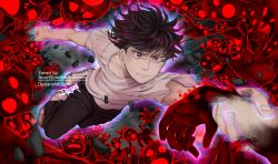Rule 34 | artist name, black hair, black pants, blue eyes, clenched hand, closed mouth, collarbone, full body, glowing, hand grab, highres, holding own wrist, insertsomthinawesome, kageyama shigeo, looking at viewer, mob psycho 100, multicolored eyes, pants, red eyes, rock, serious, shirt, shoes, short hair, short sleeves, signature, sneakers, spoilers, t-shirt, watermark, web address, white footwear, white shirt