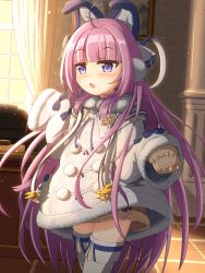 Rule 34 | 1girl, ahoge, animal ears, azur lane, blunt bangs, blush, brown sweater, chair, coat, commentary request, cowboy shot, curtains, earmuffs, fake animal ears, fur-trimmed coat, fur-trimmed sleeves, fur trim, hair ornament, hair ribbon, highres, indoors, long hair, long sleeves, looking at viewer, open mouth, painting (object), pillar, pom pom (clothes), purple eyes, purple hair, ribbon, sidelocks, sleeves past fingers, sleeves past wrists, solo, standing, sweater, table, tashkent (azur lane), thighhighs, tile floor, tiles, twilight, uosshi, very long hair, very long sleeves, wall, white coat, white thighhighs, window, window shadow, winter clothes, zettai ryouiki