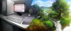 Rule 34 | computer, day, desk, drawing tablet, instrument, keyboard, keyboard (computer), monitor, mountain, mouse (computer), nature, no humans, nori (infinite r-evolution), original, river, scenery, sky, surreal, tree