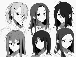 Rule 34 | 6+girls, ahoge, bad id, bad twitter id, closed mouth, collared shirt, commentary request, copyright request, expressionless, forehead, grey background, greyscale, hair ornament, hair over one eye, hairclip, highres, hplay, korean commentary, long hair, looking at viewer, messy hair, monochrome, multiple girls, one eye covered, parted bangs, ponytail, shirt, simple background, smile, tareme, tsurime, wing collar