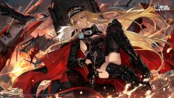 Rule 34 | 1girl, aiguillette, armored boots, azur lane, bird, bismarck (azur lane), bismarck zwei (azur lane), black footwear, black gloves, black hat, blonde hair, blood, blood on face, blue eyes, boots, breasts, cape, closed mouth, cloud, cloudy sky, commentary, copyright name, dirty, dirty face, embers, english commentary, expressionless, full body, fur-trimmed cape, fur trim, gloves, hair between eyes, hand on own knee, hat, high heel boots, high heels, highres, large breasts, logo, long hair, looking to the side, mento, military hat, ocean, official art, peaked cap, rigging, scabbard, second-party source, sheath, sheathed, sideboob, sitting, sky, smoke, solo, sword, thighs, throne, turret, two-sided cape, two-sided fabric, watermark, weapon, wind