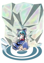 Rule 34 | 1girl, blue eyes, blue hair, bow, cirno, dress, elking, female focus, hair ribbon, ice, ice cube, matching hair/eyes, ribbon, sitting, solo, embodiment of scarlet devil, touhou, wings