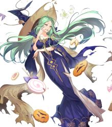 Rule 34 | 1girl, breasts, candy, cookie, costume, dress, female focus, fire emblem, fire emblem: three houses, fire emblem heroes, food, full body, gold trim, green eyes, green hair, halloween, halloween costume, haru (hiyori-kohal), hat, highres, jack-o&#039;-lantern, lollipop, long dress, long hair, long sleeves, matching hair/eyes, medium breasts, nintendo, official alternate costume, official art, parted bangs, rhea (fire emblem), solo, torn clothes, torn dress, torn hat, transparent background, very long hair, wide hips, wide sleeves, witch hat