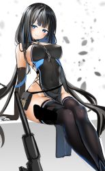 Rule 34 | 1girl, arm support, bare shoulders, between breasts, black collar, black dress, black gloves, black hair, black thighhighs, blue eyes, blue hair, blurry, blurry background, blush, breasts, chain, closed mouth, collar, covered erect nipples, covered navel, depth of field, dress, elbow gloves, gloves, kurotobi rarumu, large breasts, long hair, multicolored hair, original, pelvic curtain, petals, sitting, sketch, smile, solo, streaked hair, thighhighs, very long hair, white background