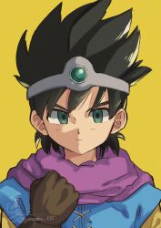 1boy absurdres aqua_eyes black_hair blue_tunic brown_gloves cape circlet clenched_hand commentary_request dragon_quest dragon_quest_iii gem gloves green_gemstone hero_(dq3) highres looking_at_viewer male_focus purple_cape roto_(dq3) short_hair signature silver_circlet solo spiked_hair tunic yellow_background yoshiya_shiyoko