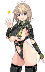 Rule 34 | 1girl, ahoge, areola slip, black thighhighs, blonde hair, blush, breasts, gloves, green gloves, hand up, highres, large breasts, lightning bolt symbol, looking at viewer, messy (efuya), navel, open mouth, original, purple eyes, revealing clothes, short hair, simple background, single glove, skindentation, smile, solo, thighhighs, underboob, white background