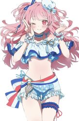 Rule 34 | bare shoulders, blush, breasts, choker, crop top, highres, irukaneko, long hair, looking at viewer, midriff, momoi airi, navel, off shoulder, one eye closed, pink hair, project sekai, ribbon, smile, solo, two side up, white background, wrist cuffs