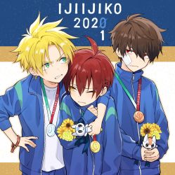 Rule 34 | 2020 summer olympics, 3boys, ahoge, bandage on face, bandages, blonde hair, blue jacket, brown hair, closed mouth, ear piercing, flower, green eyes, hair between eyes, hand on own hip, holding, jacket, long sleeves, male focus, medal, multiple boys, olympics, one eye closed, open clothes, open jacket, original, pants, piercing, pillow (nutsfool), red eyes, red hair, shirt, spiked hair, upper body, white shirt, yellow eyes, yellow flower