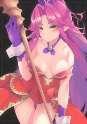 Rule 34 | 1girl, absurdres, angela (seiken densetsu 3), black background, blush, breasts, calligraphy brush (medium), cleavage, closed mouth, collarbone, cowboy shot, floating hair, gloves, green eyes, hair intakes, highres, holding, holding staff, kana616, leaning forward, leotard, long hair, medium breasts, pointy ears, purple gloves, purple hair, red leotard, seiken densetsu, seiken densetsu 3, solo, staff, standing, strapless, strapless leotard, very long hair