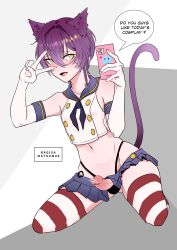 Rule 34 | 1boy, absurdres, animal ears, black neckerchief, black panties, blue skirt, cat ears, cat tail, cellphone, clip studio paint (medium), cosplay, crop top, crossdressing, elbow gloves, english text, erection, gloves, highleg, highleg panties, highres, holding, holding phone, kantai collection, male focus, microskirt, nagisamatsumae, navel, neckerchief, original, panties, penis, penis out, phone, pleated skirt, purple hair, sailor collar, shimakaze (kancolle), shimakaze (kancolle) (cosplay), short hair, skirt, smartphone, solo, speech bubble, striped clothes, striped thighhighs, tail, thighhighs, thong, trap, uncensored, underwear, urethral insertion, v, white gloves, yellow eyes