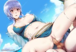 Rule 34 | 1boy, 1girl, alternate costume, ass, bikini, bikini pull, blue bikini, blue hair, blue skirt, blue sky, blunt bangs, blush, braid, breasts, bridal gauntlets, brown eyes, censored, clothes lift, clothes pull, crown braid, dannex009, dutch angle, fire emblem, fire emblem: three houses, girl on top, hetero, large breasts, leaning back, marianne von edmund, mosaic censoring, navel, nintendo, nipples, official alternate costume, open mouth, penis, pussy, reverse cowgirl position, sex, sex from behind, short hair with long locks, sidelocks, skirt, skirt lift, sky, spread legs, straddling, summer, sweatdrop, swimsuit, testicles, vaginal, watermark