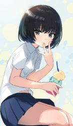 Rule 34 | 1girl, black hair, black skirt, blush, buttons, chorefuji, closed mouth, commentary request, food, from side, grey eyes, holding, hunched over, ice cream, original, pleated skirt, shirt, short hair, short sleeves, skirt, smile, solo, white shirt