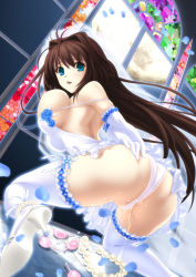 Rule 34 | 1girl, anal beads, aozaki aoko, ass, ass grab, bent over, blue eyes, breasts, brown hair, dress, enema, from behind, full moon, fusataka shikibu, gloves, hair intakes, high heels, kneeling, large breasts, long hair, looking back, mahou tsukai no yoru, moon, nipples, off shoulder, open mouth, panties, petals, presenting, pussy juice, sex toy, shoes, solo, stained glass, strap slip, thighhighs, type-moon, underwear, veil, wedding dress, white panties, white thighhighs