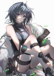 Rule 34 | 1girl, arknights, bare shoulders, black hair, blue eyes, clear (4ff44f), commentary, grey shirt, hair intakes, highres, infection monitor (arknights), knee up, la pluma (arknights), leg strap, looking at viewer, parted lips, shirt, short hair, sitting, sleeveless, sleeveless shirt, solo, thigh strap, thighs, vial
