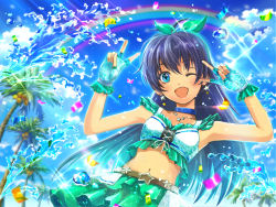Rule 34 | 1girl, ;d, armpits, blue choker, blue eyes, blue gloves, blue hair, blue sky, bow, choker, cloud, coconut tree, crop top, day, double v, fang, fingerless gloves, floating hair, frilled gloves, frills, ganaha hibiki, gloves, green bow, green skirt, hair bow, idolmaster, idolmaster (classic), jewelry, layered skirt, long hair, looking at viewer, midriff, miniskirt, navel, necklace, one eye closed, open mouth, outdoors, palm tree, pleated skirt, rainbow, skin fang, skirt, sky, sleeveless, smile, solo, sparkle, star (symbol), star necklace, stomach, summer, tomato (kiiroitomato33), tree, v, v over eye, very long hair, water
