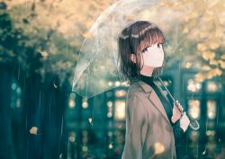 Rule 34 | 1girl, autumn leaves, black hair, black sweater, blurry, blurry background, brown jacket, closed mouth, coat, commentary, commentary request, crying, depth of field, eyelashes, ginkgo tree, ginkgo leaf, high collar, hiten (hitenkei), holding, holding umbrella, jacket, jacket on shoulders, leaf, long sleeves, looking at viewer, open clothes, open coat, open jacket, original, rain, romaji commentary, short hair, sidelocks, solo, sweater, tears, transparent, transparent umbrella, umbrella