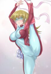 Rule 34 | 1girl, alternate costume, armpits, arms up, ass, ballerina position, ballerina skirt, blonde hair, blush, breasts, cleavage, covered navel, eyeshield, eyewear on head, green eyes, gymnastics ribbon, konami, large breasts, leg grab, leg up, long hair, looking at viewer, nervous, nervous sweating, open mouth, parted lips, presenting, r-binon, ribbon, simple background, skin tight, standing, standing on one leg, steam from mouth, steaming body, sweat, tenjouin asuka, tutu, v-shaped eyebrows, white background, yellow eyes, yu-gi-oh!, yu-gi-oh! gx