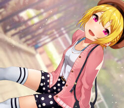 Rule 34 | 1girl, :d, bag, beret, blonde hair, blurry, blurry background, blush, braid, breasts, brown hat, cardigan, crown braid, dutch angle, hair between eyes, hanamasa ono, handbag, hat, highres, ibuki tsubasa, idolmaster, idolmaster million live!, idolmaster million live! theater days, jewelry, light particles, looking at viewer, necklace, open mouth, outdoors, pink cardigan, pink eyes, polka dot, polka dot shorts, shirt, short hair, shorts, small breasts, smile, thighhighs, white shirt, white thighhighs