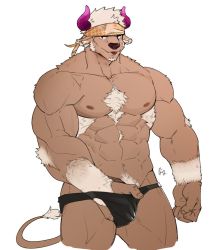 Rule 34 | 1boy, abs, animal ears, bara, chest hair, cow boy, cow ears, cow horns, cowboy shot, facial hair, furry, furry male, hand under clothes, horns, large pectorals, male focus, manly, muscular, nipples, pectorals, penis, penis peek, ppyong, purple eyes, purple horns, shennong (housamo), shennong (summer) (housamo), short hair, simple background, solo, thick thighs, thighs, tokyo houkago summoners, topless male, upper body, white hair