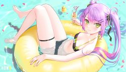 Rule 34 | 1girl, absurdres, bad id, bad twitter id, bikini, black bikini, breasts, chinese commentary, cleavage, closed mouth, cup, drinking glass, drinking straw, ear piercing, from side, full body, gou d, grapefruit, grapefruit slice, green eyes, hair ornament, hair ribbon, hairclip, highres, holding, holding cup, hololive, innertube, knees up, long hair, lying, medium breasts, multicolored hair, multicolored nails, nail polish, navel, on back, partially submerged, piercing, pink hair, purple hair, ribbon, rubber duck, solo, stomach, strap gap, swim ring, swimsuit, thigh strap, thighs, tokoyami towa, twintails, two-tone hair, virtual youtuber, water, wet