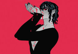 Rule 34 | 1other, androgynous, blood, colored sclera, drinking blood, from side, hands up, limited palette, long sleeves, looking at viewer, nail polish, original, plunging neckline, pointy ears, red background, red sclera, sarakipin, short hair, solo, upper body, vampire, wavy hair