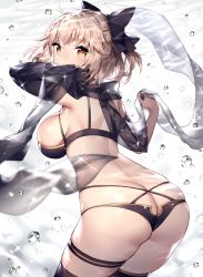Rule 34 | 1girl, ahoge, ass, bikini, black bikini, black bow, blonde hair, bow, breasts, brown eyes, bubble, butt crack, commentary request, cowboy shot, fate/grand order, fate (series), from behind, grey background, hair bow, koha-ace, large breasts, okita j. souji (first ascension) (fate), okita souji (fate), okita souji (koha-ace), scarf, solo, sora 72-iro, swimsuit, thigh strap, thighhighs, two-tone background, white background