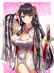 Rule 34 | 1girl, absurdres, arm behind head, azuma (sospower73), azur lane, black hair, border, breasts, cherry blossoms, cleavage, coat, commission, cowboy shot, dress, flower, gradient background, hair flower, hair ornament, hiei (azur lane), highres, horns, katana, large breasts, long sleeves, looking at viewer, petals, pink background, pixiv commission, red flower, smile, solo, sword, weapon, white border, white dress, wide sleeves, yellow eyes