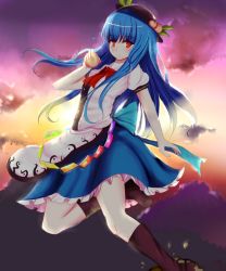 Rule 34 | 1girl, apron, black hat, blue dress, blue hair, blush, bow, bowtie, buttons, cloud, cloudy sky, dress, dress shirt, food, frills, fruit, hat, hinanawi tenshi, leaf, long hair, looking at viewer, peach, puffy short sleeves, puffy sleeves, rainbow gradient, rainbow order, red bow, red bowtie, red eyes, shirt, short sleeves, sky, solo, touhou, white shirt, wing collar, zibun owl