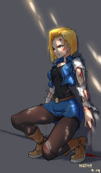 Rule 34 | 1girl, absurdres, android 18, artist name, belt, blonde hair, blood, blood on arm, blood on face, blue eyes, boots, breasts, cropped jacket, denim, denim jacket, denim skirt, dragon ball, earrings, highres, jacket, jewelry, leaning on object, medium breasts, on one knee, pantyhose, sketch, skirt, solo, torn clothes, torn pantyhose, torn sleeves, worst (am-worst)