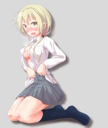 Rule 34 | 1girl, black socks, blonde hair, blush, breast pocket, breasts, check commentary, cleavage, collared shirt, commentary, commentary request, grey background, highres, ichii yui, kneeling, knees, long sleeves, medium breasts, no bra, open clothes, open mouth, open shirt, pocket, shadow, shirt, simple background, skirt, socks, sweat, twintails, unbuttoned, uniform, yellow eyes, yuukin, yuyushiki