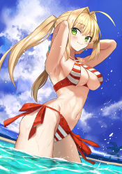 Rule 34 | 1girl, :&gt;, absurdres, ahoge, armpits, ashiwara yuu, bare shoulders, beach, bead bracelet, beads, bikini, blonde hair, blue sky, blush, bracelet, breasts, cleavage, closed mouth, cloud, cloudy sky, criss-cross halter, day, fate/grand order, fate (series), green eyes, hair between eyes, hair intakes, halterneck, highres, hip focus, jewelry, large breasts, looking at viewer, navel, nero claudius (fate), nero claudius (fate) (all), nero claudius (swimsuit caster) (fate), outdoors, palm tree, sand, side-tie bikini bottom, sky, smile, solo, striped bikini, striped clothes, swimsuit, tree, twintails, wading, water, wet