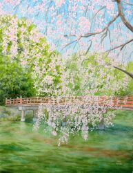Rule 34 | artist name, blue sky, branch, cherry blossoms, day, highres, no humans, original, painting (medium), pond, scenery, shadow, signature, sky, traditional media, tree, tree shade, water, watercolor (medium), yamaji nao