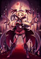 Rule 34 | 1girl, :d, absurdres, bat (animal), black gloves, blonde hair, blush, boots, breasts, cleavage, detached sleeves, eyebrows, fangs, full body, gloves, hand on own hip, head wings, highres, hrtyuk, looking at viewer, low wings, open mouth, original, red eyes, red thighhighs, short hair with long locks, skirt, smile, solo, standing, thighhighs, tiara, wings