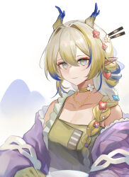 1girl absurdres arknights bare_shoulders blonde_hair blue_flower blue_hair braid brown_hair chinese_commentary closed_mouth collarbone commentary dragon_girl dragon_horns earrings eyeliner flower fruit_earrings green_eyes grey_hair hair_between_eyes hair_intakes hair_over_shoulder highres horns jewelry light_smile long_hair looking_at_viewer makeup multicolored_hair off_shoulder official_alternate_costume orange_eyeliner pointy_ears red_flower shu_(arknights) shu_(spring_feast)_(arknights) solo upper_body white_background white_flower yako_(origami) yellow_flower