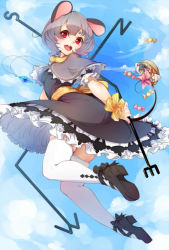 Rule 34 | 1girl, airrabbityan, animal ears, basket, blue sky, blush, buck teeth, candy, capelet, cloud, cloudy sky, day, dowsing rod, dress, food, frills, full body, grey hair, jewelry, jpeg artifacts, looking at viewer, mary janes, mouse (animal), mouse ears, mouse tail, nazrin, necklace, open mouth, petticoat, red eyes, ribbon, sash, shoes, short hair, skindentation, sky, smile, solo, tail, teeth, thighhighs, touhou, upskirt, white thighhighs, wrist cuffs