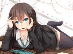 Rule 34 | 10s, 1girl, black thighhighs, blue eyes, brown hair, candy, cardigan, chocolate, chocolate heart, collarbone, food, hand in own hair, heart, idolmaster, idolmaster cinderella girls, igayan, jewelry, long hair, long sleeves, looking at viewer, loose necktie, lying, mouth hold, necklace, necktie, on stomach, pendant, pleated skirt, school uniform, shibuya rin, shirt, skirt, solo, thigh beads, thighhighs, valentine, zettai ryouiki
