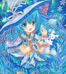 Rule 34 | 1girl, :d, ascot, beamed sixteenth notes, black thighhighs, blue background, blue eyes, blue hair, blue ribbon, blue skirt, blue theme, breasts, cape, cowboy shot, eighth note, frilled hat, frills, hair between eyes, hair ornament, hat, hat ribbon, hatsune miku, holding, holding wand, large hat, looking at viewer, marker (medium), musical note, open mouth, print shirt, quarter note, rabbit yukine, ribbon, rui (sugar3), sample watermark, shirt, skirt, small breasts, smile, snowflake background, solo, thighhighs, traditional media, treble clef, vocaloid, wand, watermark, white cape, white hat, white shirt, witch hat, wrist cuffs, yellow ascot, yuki miku, yuki miku (2014), zettai ryouiki