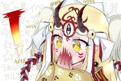 Rule 34 | !, + +, 1girl, blonde hair, blush, covering own mouth, facial mark, fate/grand order, fate (series), hand over own mouth, horns, ibaraki douji (fate), japanese clothes, jewelry, kimono, long hair, oni, reji2323, solo, sparkling eyes, tattoo, yellow eyes